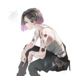  1girl arm_tattoo asymmetrical_hair bare_arms bare_shoulders black_hair black_pants chinese_commentary cigarette commentary_request crop_top cyberpunk_(series) cyberpunk_2077 cyberware feet_out_of_frame flower_tattoo from_side gradient_hair highres holding holding_cigarette invisible_chair judy_alvarez looking_ahead multicolored_hair number_tattoo open_mouth pants profile purple_hair qian. sidecut simple_background sitting smoke smoke_trail smoking solo tank_top tattoo two-tone_hair undercut white_background white_tank_top 