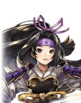  1girl another_eden another_eden_art_team armor azami_(another_eden) black_eyes black_hair blush breasts collarbone curtained_hair forehead_protector hair_ribbon japanese_armor japanese_clothes kimono long_hair long_sleeves looking_at_viewer lowres medium_breasts official_art parted_lips ponytail purple_ribbon ribbon samurai shoulder_armor simple_background smile solo tachi-e third-party_source transparent_background upper_body variant_set white_kimono 