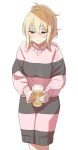  1girl blonde_hair blush closed_mouth commentary_request cowboy_shot cup dot_nose dress embarrassed hair_between_eyes highres holding holding_cup long_sleeves love_live! love_live!_nijigasaki_high_school_idol_club medium_hair miyashita_ai pee pee_in_container ponytail red_eyes simple_background solo standing steaming_cup striped_clothes striped_dress striped_sweater sweater sweater_dress tata_(tataice) white_background 