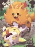  >_< alt_text animal_collar bench closed_eyes collar commentary_request dirty fangs fluffy grass happy highres leash looking_at_viewer lying mud no_humans on_back open_mouth outdoors park_bench paw_print playing pokemon pokemon_(creature) pokemon_focus pombon red_eyes signature sparkle tail tail_wagging tatsumi_(panneko) tongue tongue_out twitter_username yamper 