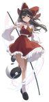  1girl absurdres ascot between_fingers bow brown_eyes brown_hair commentary_request detached_sleeves frilled_bow frilled_hair_tubes frilled_skirt frills full_body gohei hair_bow hair_tubes hakurei_reimu higa_(gominami) highres holding holding_gohei holding_ofuda leg_up long_hair ofuda ofuda_between_fingers orb red_bow red_shirt red_skirt ribbon-trimmed_sleeves ribbon_trim shirt skirt skirt_set sleeveless sleeveless_shirt socks solo touhou white_sleeves white_socks yellow_ascot yin_yang yin_yang_orb 