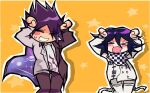  >_< 2boys :3 :d blush_stickers buttons caramelldansen checkered_clothes checkered_neckerchief checkered_scarf closed_eyes coat_partially_removed collared_coat danganronpa_(series) danganronpa_v3:_killing_harmony facial_hair goatee male_focus momota_kaito multicolored_buttons multiple_boys neckerchief oma_kokichi open_mouth phonnks purple_facial_hair purple_hair scarf simple_background smile space_print spiked_hair star_(symbol) starry_sky_print sweatdrop two-tone_scarf yellow_background 