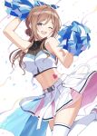  1girl absurdres arm_up bandeau bare_shoulders belt belt_buckle blue_eyes blush brown_hair buckle cheerleader commentary crop_top gakuen_idolmaster hair_between_eyes hair_bun heart heart_tattoo highres himesaki_rinami holding holding_pom_poms idolmaster kurousagi_yuu long_hair looking_at_viewer midriff multicolored_sky open_mouth pom_pom_(cheerleading) single_hair_bun skindentation skirt sky smile solo stomach_tattoo sweat tattoo thighhighs thighs white_bandeau white_belt white_skirt white_thighhighs 