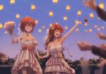  2girls absurdres ahoge arm_up bare_shoulders blue_sky blush bouquet breasts bridal_gauntlets bride brown_hair chiyoda_momo closed_eyes commentary_request couple demon_girl demon_horns demon_tail dress elbow_gloves evening flower gloves grin happy highres holding holding_bouquet holding_flower holding_hands horns jewelry lantern long_hair machikado_mazoku mayoo03 medium_breasts medium_hair multiple_girls necklace open_mouth outdoors paper_lantern petals red_flower red_rose rose short_hair sky sky_lantern smile strapless strapless_dress tail veil wedding wedding_dress white_dress wife_and_wife yoshida_yuuko yuri 
