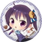  1girl black_skirt blue_bow blue_bowtie blue_ribbon border bow bowtie chestnut_mouth chibi choco_fashion chocolate-covered_food collared_shirt copyright_logo copyright_notice cup donut donut_hair_ornament food food-themed_hair_ornament gochuumon_wa_usagi_desu_ka? hair_ornament hair_ribbon holding holding_microphone logo long_hair long_sleeves looking_at_viewer lowres microphone official_art old-fashioned_donut polka_dot polka_dot_background purple_background purple_eyes purple_hair purple_vest rabbit rabbit_house_uniform ribbon round_border shirt skirt solo striped_bow striped_bowtie striped_clothes teacup tedeza_rize twintails vest white_background white_ribbon white_shirt 