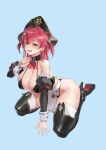  1girl absurdres apron bare_shoulders bicorne bikini black_bikini black_boots black_corset blush boots breasts cleavage corset detached_sleeves fang finger_to_mouth goddess_of_victory:_nikke gomjae hair_ornament hat hat_ornament heart highres index_finger_raised large_breasts long_hair looking_at_viewer maid maid_bikini mast_(nikke) mast_(romantic_maid)_(nikke) open_mouth pink_eyes pink_hair pirate_hat sitting skin_fang skull_choker skull_collar skull_hair_ornament skull_hat_ornament smile solo swimsuit thigh_boots thighs unconventional_maid wariza 