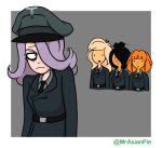  4girls belt black_belt black_hair blunt_bangs blush border coco_schoppenboer commentary english_commentary freckles grey_background grey_jacket grey_shirt hair_bun hair_over_one_eye highres jacket long_hair looking_back looking_to_the_side maya_schoppenboer military_uniform mrasianpie multiple_girls mymy_schoppenboer nazi ongezellig open_mouth orange_hair purple_hair reichsadler shirt simple_background twitter_username two-tone_background upper_body white_border 