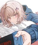  1girl brown_hair danganronpa_(series) danganronpa_2:_goodbye_despair flipped_hair game_over handheld_game_console highres holding holding_handheld_game_console jacket long_sleeves looking_at_viewer medium_hair nanami_chiaki neck_ribbon open_clothes open_jacket pink_eyes ribbon solo vo3olv 
