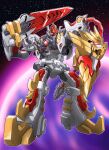  chest_cannon chiisana_kyojin_microman:_uborg_senki_2010 commentary_request full_body giant_acroyear-j green_eyes highres holding holding_shield holding_sword holding_weapon horns mecha mecha_focus microman no_humans official_artist_extra oyomesandazo planet robot shield shoulder_cannon solo space standing star_(sky) sword weapon 