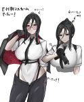  1girl absurdres black_gloves black_hair black_necktie black_pants breasts collared_leotard commentary_request e.h._(junkyard_vanguard)_(nikke) e.h._(nikke) gloves goddess_of_victory:_nikke gun half_gloves handgun harness high_ponytail highleg highleg_leotard highres holding holding_unworn_clothes holding_unworn_jacket jacket large_breasts leotard leotard_under_clothes leotard_under_pants long_sidelocks multiple_views necktie office_lady official_alternate_costume official_alternate_hairstyle open_fly pants pink-tinted_eyewear ponytail rebanira0330 round_eyewear sidelocks solo tinted_eyewear tokarev_tt-33 unworn_jacket weapon white_background white_leotard 
