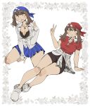  1girl absurdres bandana bike_shorts black_bra black_shorts blue_bandana blue_skirt bra breasts brown_hair cleavage clothes_around_waist english_commentary heidi_(heytherenrds) highres jewelry kneeling large_breasts may_(pokemon) necklace pleated_skirt pokemon pokemon_ruby/sapphire/emerald red_bandana red_shirt shirt shoes shorts sidelocks sitting skirt unbuttoned unbuttoned_shirt underwear v white_shirt white_shoes 