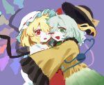  2girls black_hat blonde_hair blush bow buttons cheek-to-cheek collared_shirt crystal crystal_wings diamond_button disembodied_linked_eye eyeball flandre_scarlet frilled_shirt_collar frilled_sleeves frills green_eyes green_hair green_skirt hat hat_bow hat_ribbon heads_together heart heart_of_string hug komeiji_koishi long_sleeves mob_cap multicolored_wings multiple_girls natucurage one_eye_closed open_mouth purple_background red_eyes red_skirt ribbon shirt simple_background skirt smile touhou white_hat white_shirt wide_sleeves wings yellow_bow yellow_shirt yuri 