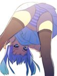  ass bent_over black_legwear blue_eyes blue_hair from_behind from_below hirano_katsuyuki looking_at_viewer original panties skirt solo stretch striped striped_panties thighhighs twintails underwear upside-down white_background 