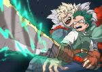  2boys alternate_universe armor bakugou_katsuki behind_another belt belt_buckle black_background blonde_hair blue_pants blurry blurry_foreground boku_no_hero_academia boku_no_hero_academia_2nd_popularity_poll brown_belt brown_gloves buckle buttons cape clothing_request collared_shirt commentary_request cowboy_shot double-breasted electricity energy fighting_stance film_grain fingerless_gloves fingernails floating_cape freckles from_side fur-trimmed_cape fur_trim furrowed_brow gloves glowing glowing_sword glowing_weapon greatsword green_cape green_eyes green_hair green_vest hand_on_another's_hand high-waist_belt highres holding holding_sword holding_weapon knee_pads lapels looking_afar looking_to_the_side male_focus midoriya_izuku multiple_boys nikaidou_iroha official_alternate_costume open_mouth outstretched_hand pants partial_commentary red_cape red_eyes serious sharp_fingernails shirt short_hair single_fingerless_glove smile spiked_hair sword tsurime turning_head twitter_username two-handed_sword under-elbow_gloves v-shaped_eyebrows vest weapon white_shirt 