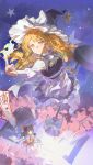  2girls absurdres apron ascot black_hair black_hat black_skirt black_vest blonde_hair bow braid broom broom_riding brown_hair chinese_commentary closed_mouth commentary_request detached_sleeves fire frilled_bow frilled_hair_tubes frills green_bow hair_bow hair_tubes hakurei_reimu hat hat_bow hat_ornament highres ibispaint_(medium) kirisame_marisa long_hair long_sleeves looking_at_another looking_at_viewer looking_up making-of_available multiple_girls muqingqingqing neck_ribbon ofuda outdoors purple_ribbon red_bow red_eyes red_skirt ribbon side_braid single_braid skirt skirt_set smile star_(symbol) star_hat_ornament touhou vest waist_apron white_apron white_bow witch_hat yellow_ascot yellow_eyes 