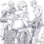  1boy can carrying clothes_around_waist cloud_strife commentary_request drink_can final_fantasy final_fantasy_vii greyscale hair_between_eyes highres holding holding_can holding_shoes holding_unworn_clothes jacket male_focus monochrome multiple_views shirt shirt_around_waist shoes short_hair shoulder_carry sketch spiked_hair sweat tank_top tool_belt towel towel_around_neck twitter_username unworn_shoes warori_anne white_background white_tank_top wiping_sweat 