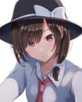  1girl black_hat blush bow brown_eyes brown_hair buttons closed_mouth collarbone collared_shirt commentary commentary_request fumei_(mugendai) hair_bow hat hat_bow highres looking_at_viewer necktie red_necktie shirt simple_background smile solo swept_bangs touhou usami_renko white_background white_bow white_shirt 