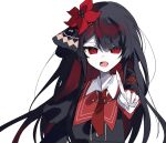  1girl armband black_capelet black_hair black_shirt capelet collared_shirt commentary_request flower hair_flower hair_ornament harumaking highres long_hair long_sleeves looking_at_viewer mahou_shoujo_no_majo_saiban necktie nikaido_hiro open_mouth pointing pointing_at_viewer red_armband red_eyes red_flower red_necktie shirt side_capelet simple_background solo upper_body white_background white_shirt 