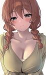  1girl blue_eyes blush braid breasts cleavage closed_mouth collarbone emma_verde freckles highres large_breasts looking_at_viewer love_live! love_live!_nijigasaki_high_school_idol_club red_hair simple_background solo twin_braids upper_body white_background yuu_(shampoohatslime) 