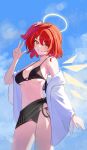  1girl absurdres arknights azk2 bare_shoulders bikini black_bikini blush breasts commentary detached_wings exusiai_(arknights) exusiai_the_new_covenant_(arknights) grin halo highres jacket medium_breasts navel one_side_up open_clothes open_jacket red_hair short_hair smile solo stomach swimsuit w white_jacket wings yellow_eyes yellow_halo 