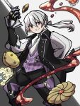  1boy arm_behind_back black_pants butler closed_mouth commentary_request cookie fire_emblem fire_emblem_fates floating_hair food grey_eyes grey_hair hair_between_eyes hand_up holding holding_knife holding_staff jakob_(fire_emblem) knife low_ponytail male_focus nnmr_7164 pants ponytail puffy_sleeves simple_background smile solo staff two-tone_background 