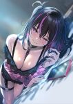  1girl absurdres bare_shoulders between_breasts black_choker black_hair blush breasts cellphone character_request choker cleavage closed_mouth commentary_request copyright_request hair_between_eyes highres indoors jirai_kei lace large_breasts looking_at_viewer lying multicolored_hair on_bed phone pink_hair skirt smartphone smile solo streaked_hair thigh_strap tokopi two_side_up 