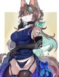  1girl animal_ears animal_nose black_choker black_gloves black_lace_trim black_panties black_thighhighs blue_bow blue_dress bow braid braided_bangs breasts brown_hair butterfly_tattoo cameltoe choker closed_mouth clothes_lift colored_inner_hair commentary cowboy_shot dress dress_lift elbow_gloves finger_to_mouth furry furry_female garter_straps gloves green_eyes green_hair grey_fur grin hair_between_eyes hair_ornament hairclip highres lace lace_choker large_breasts looking_at_viewer multicolored_hair original panties parallel_hairclips shushing smile snout solo tail tattoo thighhighs thighs underwear untranslatable_commentary white_fur wolf_ears wolf_girl wolf_tail xxxkuroraxxx 