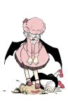  2girls abuse alternate_costume ascot bat_wings black_vest blonde_hair blue_hair bow commentary_request dress faceless hat hat_bow highres injury jewelry lying mary_janes mob_cap multiple_girls ocha_(kinnkonnsousai) on_stomach pink_dress pink_hat red_bow red_shoes remilia_scarlet rumia shirt shoes short_hair socks standing_on_person stepped_on touhou vest white_ascot white_background white_shirt white_socks wings 