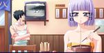  1girl bowl chopsticks downhill_night emily_(artist) emily_(pure_dream) food game_cg lily_tail noddles noodles purple_eyes purple_hair short_hair television top_(company) 