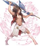  1boy abs barefoot brown_eyes brown_hair cherry_blossoms fire_emblem fire_emblem_heroes fire_emblem_if full_body highres long_hair male_focus navel nintendo official_art open_clothes open_mouth open_shirt p-nekor petals polearm ponytail ryouma_(fire_emblem_if) solo teeth transparent_background weapon 