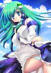  :o blue_eyes blush breasts cloud day detached_sleeves frog_hair_ornament green_hair hair_ornament hair_tubes kazuki_hiyori kochiya_sanae large_breasts long_hair open_mouth panties skirt sky snake solo striped striped_panties touhou underwear wind wind_lift 