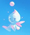  1other blue_background chao_(sonic) chromatic_aberration commentary english_commentary film_grain full_body looking_at_viewer murzanic neutral_chao orb other_focus simple_background solo sonic_(series) sparkle wings 