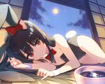  1girl animal_ears black_hair blush commentary_request cura flat_chest full_body full_moon hachiroku_(maitetsu) long_hair looking_at_viewer lying maitetsu moon night official_art on_side playboy_bunny rabbit_ears rabbit_tail red_eyes shouji sky sliding_doors smile solo star_(sky) starry_sky tail 