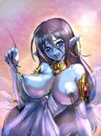 blue_hair blue_skin bow_(bhp) breasts chain fingernails genie jewelry large_breasts linked_piercing lip_piercing long_fingernails magi_the_labyrinth_of_magic naughty_face navel_piercing nipple_piercing nipples paimon piercing pointy_ears purple_eyes solo 