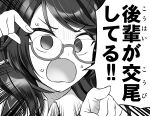  1girl collared_shirt commentary fumei_(mugendai) glasses greyscale hat medium_hair monochrome open_mouth parody plaid_clothes plaid_vest pointing pun round_eyewear shirt shouting solo speech_bubble surprised sweat swept_bangs touhou translated twintails usami_sumireko vest 