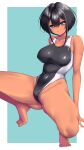  1girl arisu_(alice1019sm) black_hair black_one-piece_swimsuit breasts commentary_request competition_swimsuit covered_navel dark-skinned_female dark_skin grey_eyes highleg highleg_one-piece_swimsuit highres large_breasts one-piece_swimsuit original short_hair sidelocks smile solo spread_legs squatting swimsuit tan tomboy two-tone_swimsuit wide_spread_legs 