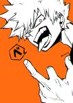  1boy adam's_apple bakugou_katsuki boku_no_hero_academia chromatic_aberration commentary_request facial_hair from_side furrowed_brow greyscale_with_colored_background hair_between_eyes hand_up heavy_chromatic_aberration highres looking_at_viewer looking_to_the_side male_focus middle_finger nikaidou_iroha open_mouth orange_background partial_commentary portrait sanpaku short_hair sideburns_stubble simple_background solo speech_bubble spiked_hair spoken_letter stubble tongue tongue_out tsurime twitter_username v-shaped_eyebrows veins 