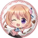  1girl :d ;d black_skirt blue_bow blue_bowtie blue_ribbon border bow bowtie chibi collared_shirt copyright_logo copyright_notice cup donut donut_hair_ornament food food-themed_hair_ornament gochuumon_wa_usagi_desu_ka? hair_ornament hair_ribbon holding holding_microphone hoto_cocoa logo long_sleeves looking_at_viewer lowres medium_hair microphone official_art one_eye_closed open_mouth orange_hair pink_background pink_vest polka_dot polka_dot_background pon_de_ring pon_de_strawberry purple_eyes rabbit rabbit_house_uniform ribbon round_border shirt skirt smile solo striped_bow striped_bowtie striped_clothes teacup vest white_background white_ribbon white_shirt 