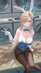  1girl absurdres animal_ears asuna_(blue_archive) asuna_(bunny)_(blue_archive) black_pantyhose blonde_hair blue_archive blue_bow blue_bowtie blue_eyes blue_halo blue_leotard bow bowtie breasts cleavage cola-alter commentary_request fake_animal_ears gloves hair_over_one_eye halo highres large_breasts leotard long_hair looking_at_viewer mole mole_on_breast official_alternate_costume pantyhose playboy_bunny rabbit_ears seductive_smile smile solo thighband_pantyhose v very_long_hair washing_machine white_gloves 