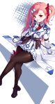  1girl absurdres belt belt_pouch black_shoes bow bowtie braid commentary finger_to_mouth fomyu_(formula) full_body girls'_frontline gloves hair_bow hair_ornament hairclip hand_up hexagram highres long_hair long_sleeves looking_at_viewer negev_(girls'_frontline) pantyhose pink_hair pleated_skirt pouch red_bow red_eyes shoes shushing signature single_braid sitting skirt smile star_of_david teeth untranslatable_commentary white_gloves 