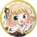  1girl black_pantyhose black_vest blonde_hair blue_bow blue_bowtie blue_eyes blue_ribbon border bow bowtie chibi choco_fashion chocolate-covered_food collared_shirt copyright_logo copyright_notice cup donut donut_hair_ornament food food-themed_hair_ornament gochuumon_wa_usagi_desu_ka? hair_ornament hair_ribbon holding holding_microphone kirima_syaro logo long_sleeves looking_at_viewer lowres microphone official_art old-fashioned_donut open_mouth pantyhose polka_dot polka_dot_background rabbit rabbit_house_uniform ribbon round_border shirt short_hair simple_background solo striped_bow striped_bowtie striped_clothes teacup vest white_background white_ribbon white_shirt yellow_background yellow_vest 