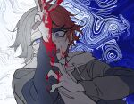  2boys ahoge aotsuki_eito arm_up black_streaks blood blood_on_clothes blood_on_hand blood_on_knife blue_background blue_eyes commentary_request glasses grey_hair grey_jacket highres hood hoodie hsh7955 jacket jacket_over_hoodie knife korean_commentary looking_at_viewer male_focus multicolored_hair multiple_boys nervous_sweating open_mouth purple_eyes red_hair scared short_hair split_theme spoilers streaked_hair sumino_takumi sweat the_hundred_line_-last_defense_academy- two-tone_background two-tone_hair v white_background white_hoodie 