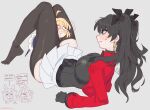  4girls ahoge artoria_pendragon_(fate) black_hair black_ribbon black_shirt black_thighhighs blonde_hair blue_eyes blue_skirt blush breasts chibi columbina_(genshin_impact) commentary earrings english_commentary english_text fate/stay_night fate_(series) flying_sweatdrops full_body genshin_impact grey_background hair_ribbon head_between_thighs highres honkai:_star_rail honkai_(series) hoop_earrings jacket jewelry large_breasts legs long_hair long_sleeves looking_at_another lying medium_hair mihoyo multiple_girls nose on_back red_jacket ribbon saber_(fate) saber_(honkai:_star_rail)_(fate) sandrone_(genshin_impact) shirt simple_background skirt speech_bubble thick_thighs thighhighs thighs tohsaka_rin tohsaka_rin_(honkai:_star_rail) twintails unfamousradish white_skirt yuri 