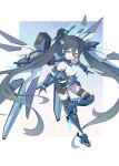  1girl aqua_halo aris_(armed)_(blue_archive) aris_(blue_archive) bare_shoulders black_hair blue_archive blue_eyes blue_necktie breasts commentary_request double-parted_bangs full_body hair_between_eyes halo headgear highres leotard lineart long_hair long_hair_between_eyes mecha_musume mechanical_arms mechanical_legs mechanical_wings necktie official_alternate_costume official_alternate_hairstyle open_mouth rectangular_halo ringed_eyes short_necktie showgirl_skirt simple_background skyline361149 small_breasts smile solo thighhighs twintails v-shaped_eyebrows very_long_hair white_background white_leotard wings 