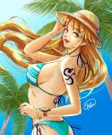  1girl bangle bare_shoulders bikini blue_sky bracelet breasts brown_eyes commentary earrings floating_hair from_side gold_bangle green_bikini halterneck hanakomori262 hand_on_headwear hat highres jewelry large_breasts log_pose long_hair looking_at_viewer nami_(one_piece) one_piece open_mouth orange_hair outdoors palm_tree pearl_earrings shoulder_tattoo side-tie_bikini_bottom signature sky solo straw_hat string_bikini sun_hat swimsuit tattoo tree triangle_bikini_top untranslatable_commentary upper_body 