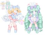  2girls absurdres animal_ears animal_slippers apron aqua_slippers bell blonde_hair blue_apron blue_bow blue_eyes blue_shoes borrowed_character bow bunny_slippers commentary commission cutesu_(character) double_bun dress drill_hair eyepatch frilled_apron frilled_bow frilled_socks frills full_body green_hair green_slippers hair_bell hair_bow hair_bun hair_ornament highres jingle_bell kichiko_(ryu10855) layered_sleeves long_hair long_sleeves looking_at_viewer medical_eyepatch miruku_(cutesu) multiple_girls multiple_views original pink_dress pink_socks puffy_short_sleeves puffy_sleeves purple_bow purple_skirt purple_socks quin_tails rabbit_brooch rabbit_ears ribbed_socks ribbon-trimmed_dress ribbon_trim shoes short_over_long_sleeves short_sleeves simple_background skirt sleeves_past_fingers sleeves_past_wrists slippers smile socks standing very_long_hair white_apron white_background white_wings winged_slippers wings yume_kawaii 