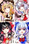  4girls absurdres ascot bat_wings black_vest blonde_hair blue_bow blue_dress blue_eyes blue_hair blush bow braid brown_eyes character_name cirno collared_shirt commentary_request detached_wings dress frilled_bow frilled_hair_tubes frilled_shirt_collar frills gohei grin hair_bow hair_tubes hakurei_reimu hat hat_ribbon highres holding holding_gohei ice ice_wings kabaji kirisame_marisa long_hair looking_at_viewer mob_cap multiple_girls open_mouth pinafore_dress puffy_short_sleeves puffy_sleeves red_ascot red_eyes remilia_scarlet ribbon shirt short_hair short_sleeves side_braid single_braid sleeveless sleeveless_dress smile touhou traditional_media translation_request vest white_bow white_hat white_shirt wings witch_hat yellow_ascot yellow_eyes 