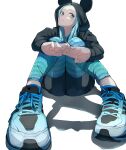  1girl absurdres animal_ear_hood animal_ears black_hoodie black_shorts blue_eyes blue_hair blue_pants blue_shoes commentary_request food_print fruit_print highres hood hood_up hoodie long_hair mizorewaku mouse_ears original panties pants print_panties shoes shorts simple_background sitting sneakers solo strawberry_print strawberry_print_panties underwear white_background 