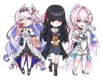  3girls absurdres aemeath_(wuthering_waves) ahoge asymmetrical_footwear bare_shoulders black_bow black_choker black_hair black_jacket black_serafuku black_shirt black_shoes black_skirt black_socks blush boots bow breasts cake cake_slice chain chibi chibi_only chisa_(wuthering_waves) choker colored_inner_hair commentary denia_(wuthering_waves) detached_sleeves dress elbow_gloves food full_body gloves gradient_hair hair_bow hair_intakes hair_ornament hair_ribbon high_heel_boots high_heels highres holding holding_cake holding_food jacket leotard long_hair looking_at_viewer medium_breasts mole mole_on_thigh multicolored_hair multiple_girls namipon_(wuthering_waves) neckerchief open_mouth orange_eyes pink_hair ponytail purple_eyes purple_hair red_eyes red_gloves red_neckerchief red_ribbon ribbon sailor_collar school_uniform serafuku shirt shoes showgirl_skirt simple_background skirt smile smodo2132 socks star-shaped_pupils star_(symbol) stuffed_toy symbol-shaped_pupils uneven_footwear white_background white_boots white_dress white_gloves white_leotard white_sailor_collar white_skirt wuthering_waves 