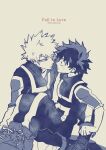  2boys bakugou_katsuki boku_no_hero_academia boots closed_mouth collared_jacket commentary_request cross-laced_shoes english_text eye_contact eyebrows_hidden_by_hair face-to-face feet_out_of_frame film_grain freckles from_side grey_background hatching_(texture) high_collar high_tops highres jacket knee_boots knees_apart_feet_together legs_together looking_at_another male_focus midoriya_izuku monochrome multiple_boys nikaidou_iroha on_person open_collar pants pants_tucked_in parted_lips partial_commentary profile shoes short_hair short_sleeves simple_background sitting sitting_between_legs sitting_sideways sneakers spiked_hair track_jacket track_pants track_suit twitter_username u.a._gym_uniform woven_hatching yaoi 